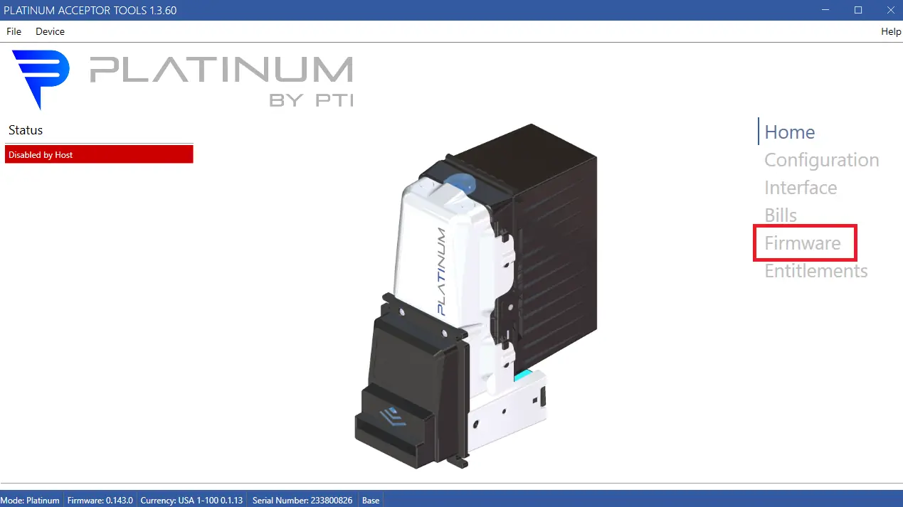Firmware button in Pyramid Platinum Acceptor Tools