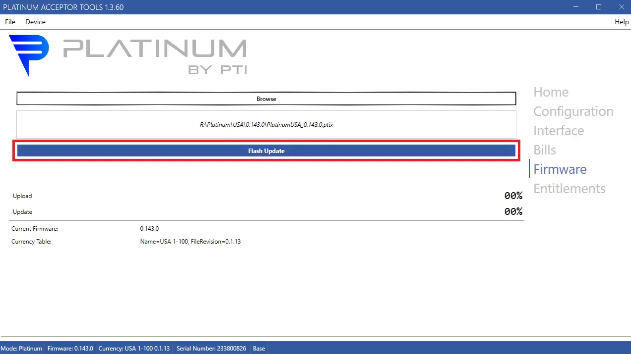 Flash Update button in Platinum Tools