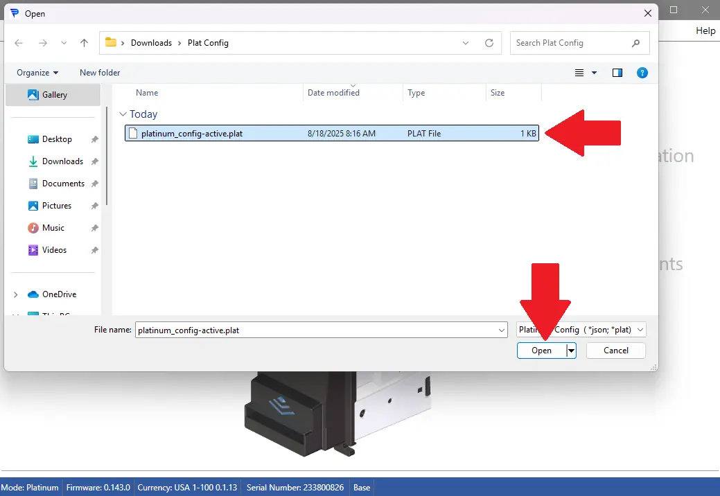 Opening a saved .plat configuration file in Platinum Tools